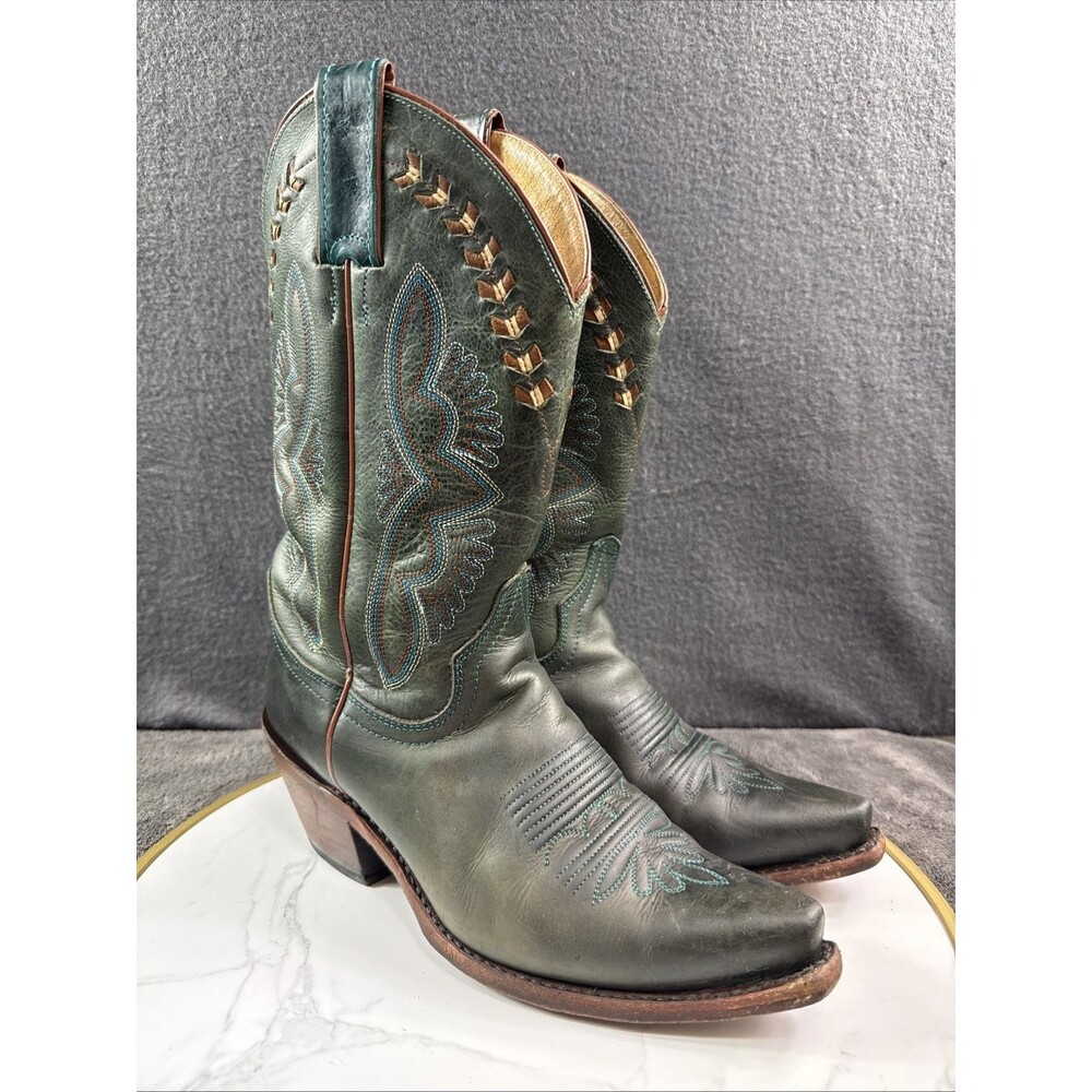 Justin Teal Green Leather Western Cowboy Boots Women Size 7 Pointed Sniptoe Mid